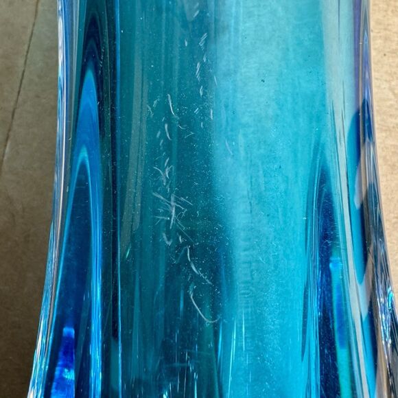 Vintage Murano Style Art Glass Vase Peacock Blue Sommerso Flared Rim Italy Label - Picture 8 of 10